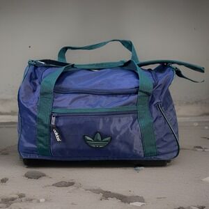 Vintage 80s 90s Adidas Trefoil Blue Green Nylon Duffel Gym Bag 19" With Strap